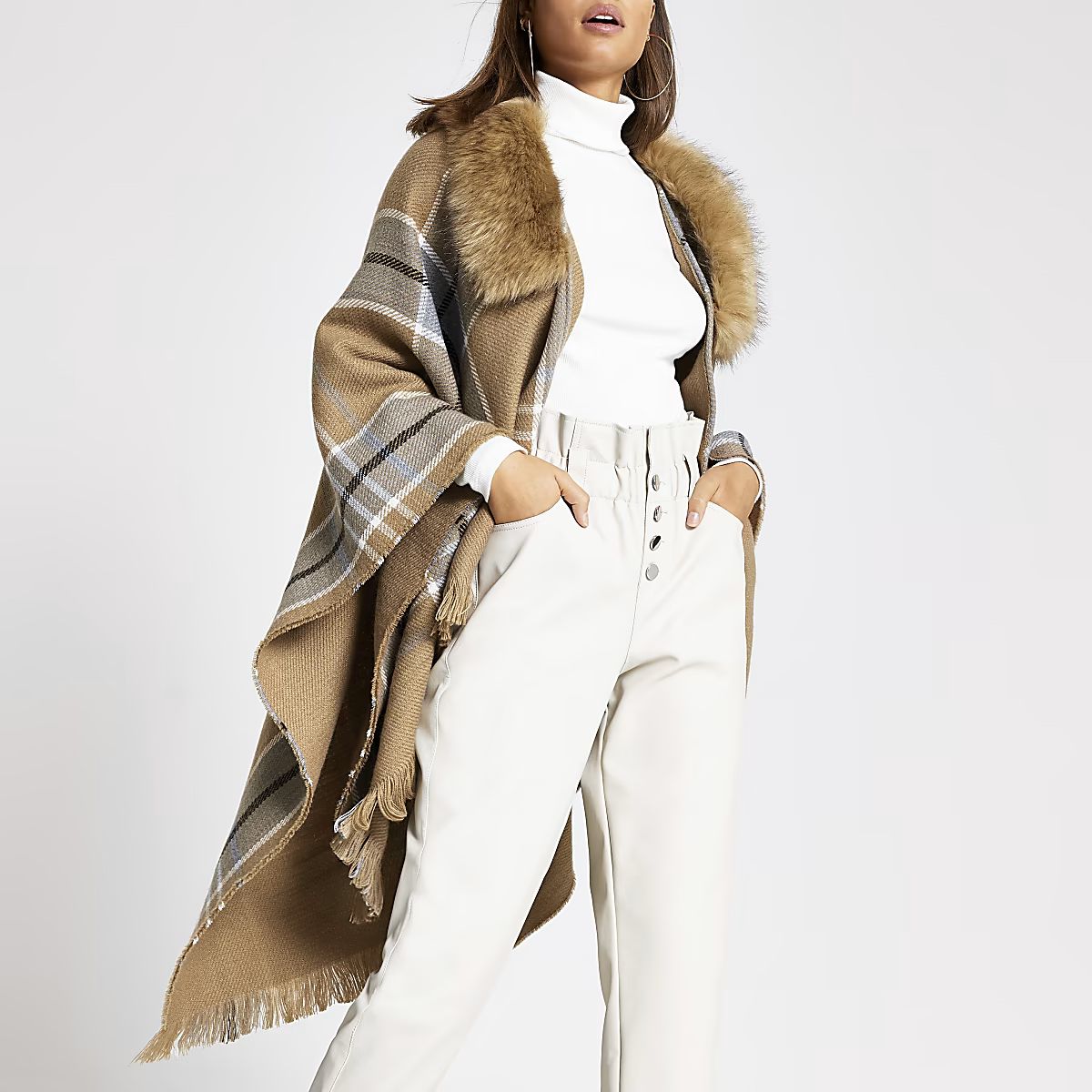 Brown check fur trim cape | River Island (UK & IE)