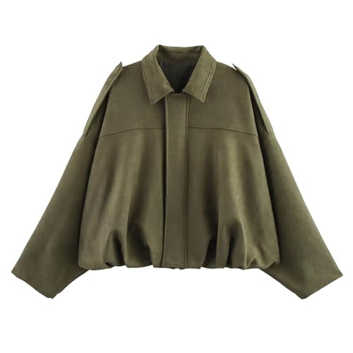 Talakeno Womens Faux Suede Bomber Jacket Casual Lightweight Batwing Long Sleeve Oversized Coat Streetwear Outfits(Army-Green,M) | Amazon (US)