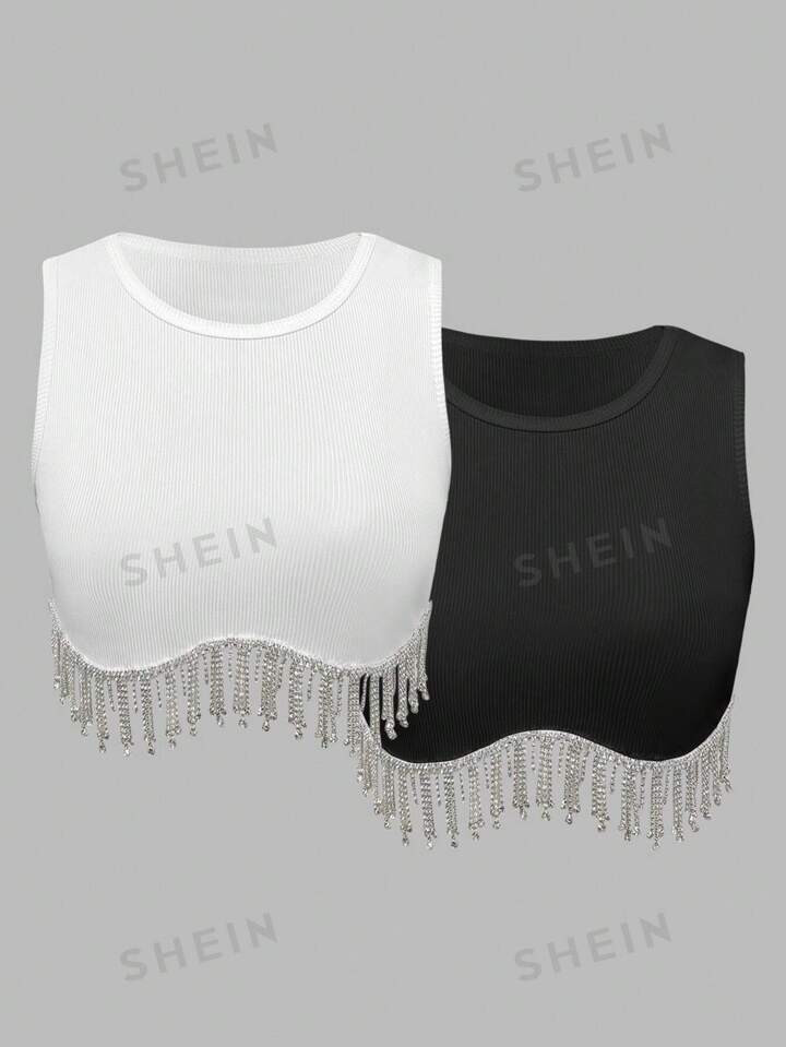 SHEIN Privé Women's Summer Round Neck Black And White Ultra Short Tank Top With Rhinestone And T... | SHEIN