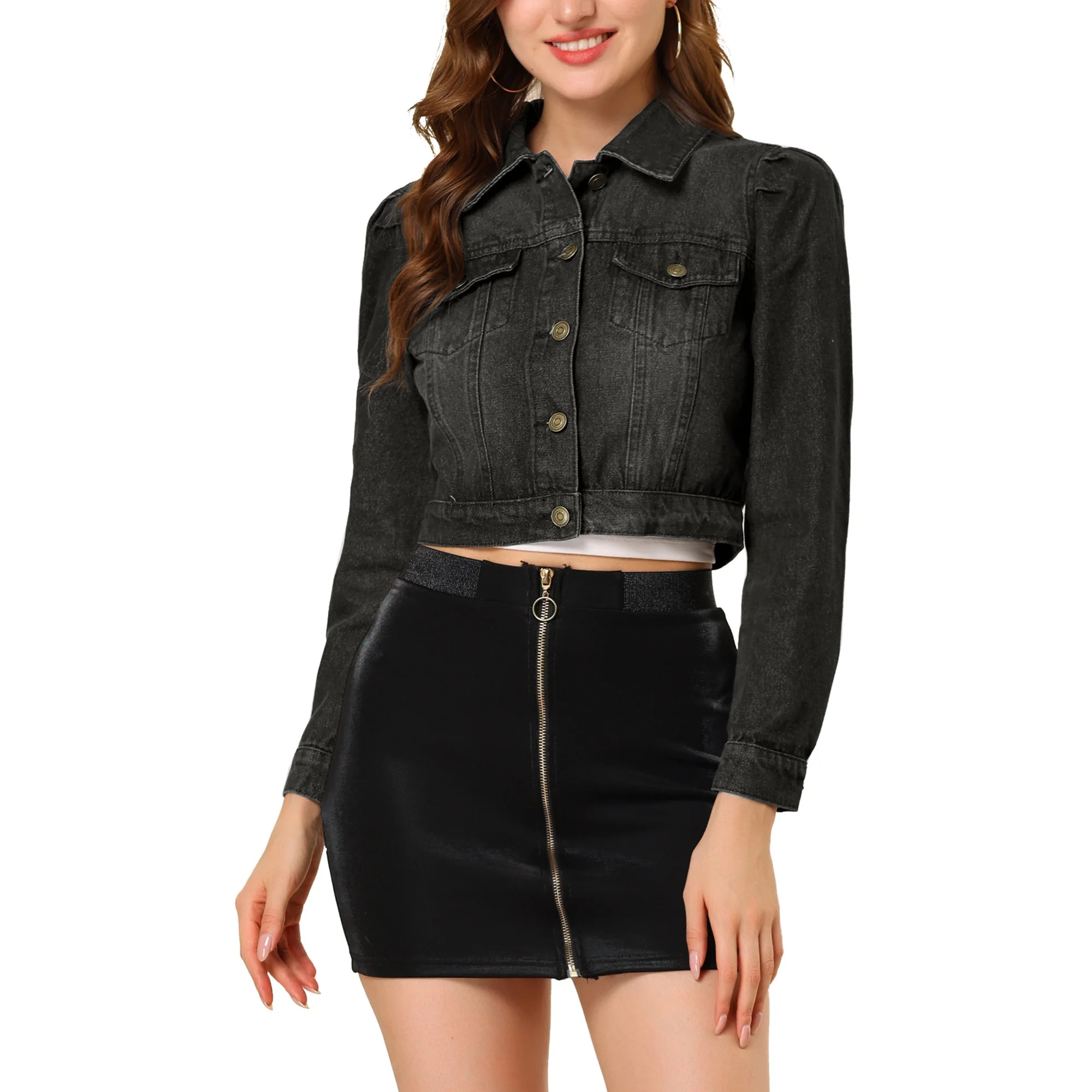 Unique Bargains Women's Puff Sleeve Lightweight Cropped Washed Jean Denim Jacket | Walmart (US)
