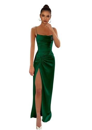 Women's Satin Mermaid Bridesmaid Dresses Long with Slit Spaghetti Straps Ruched Formal Party Evening Gown Emerald Green US Size 6 IIF099 | Amazon (US)