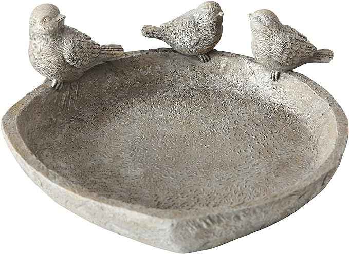 Bird Bath Bowl with 3 Sparrow Rim, Grey Faux Stone Finish, Basin, Poly Resin, 7.5 Inch Diameter a... | Amazon (US)