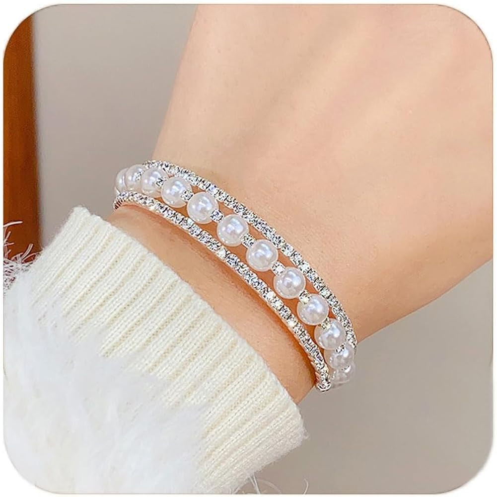 Imitition Pearl Stretch Cuff Bracelet for Women Adjustable Multilaye Rhinestone Cuff Bracelet Wed... | Amazon (US)