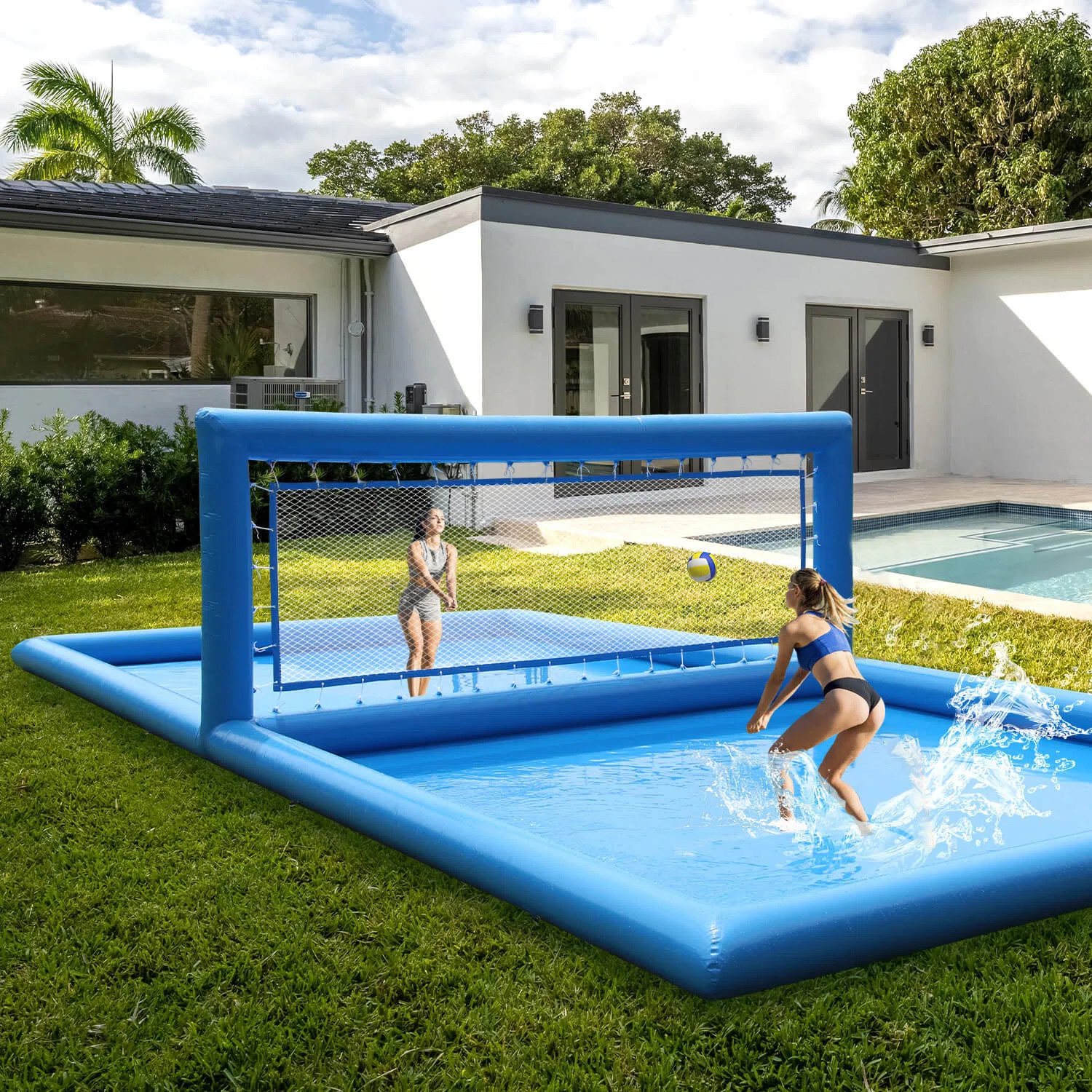 RELUNCH 33Ft Pvc Inflatable Volleyball Court Blue Beach Volleyball Net Systems Outdoor Pool With ... | Wayfair North America