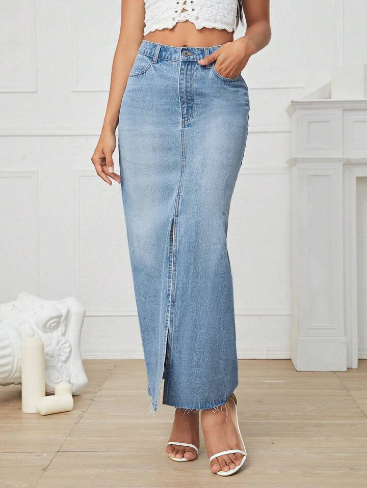 SHEIN Privé Eenkleurig Denim rok Knoop Zak Split | SHEIN