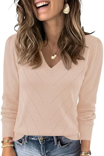 LOMON Womens Dressy V Neck Sweaters Long Sleeve Lightweight Knit Fall Tops | Amazon (US)