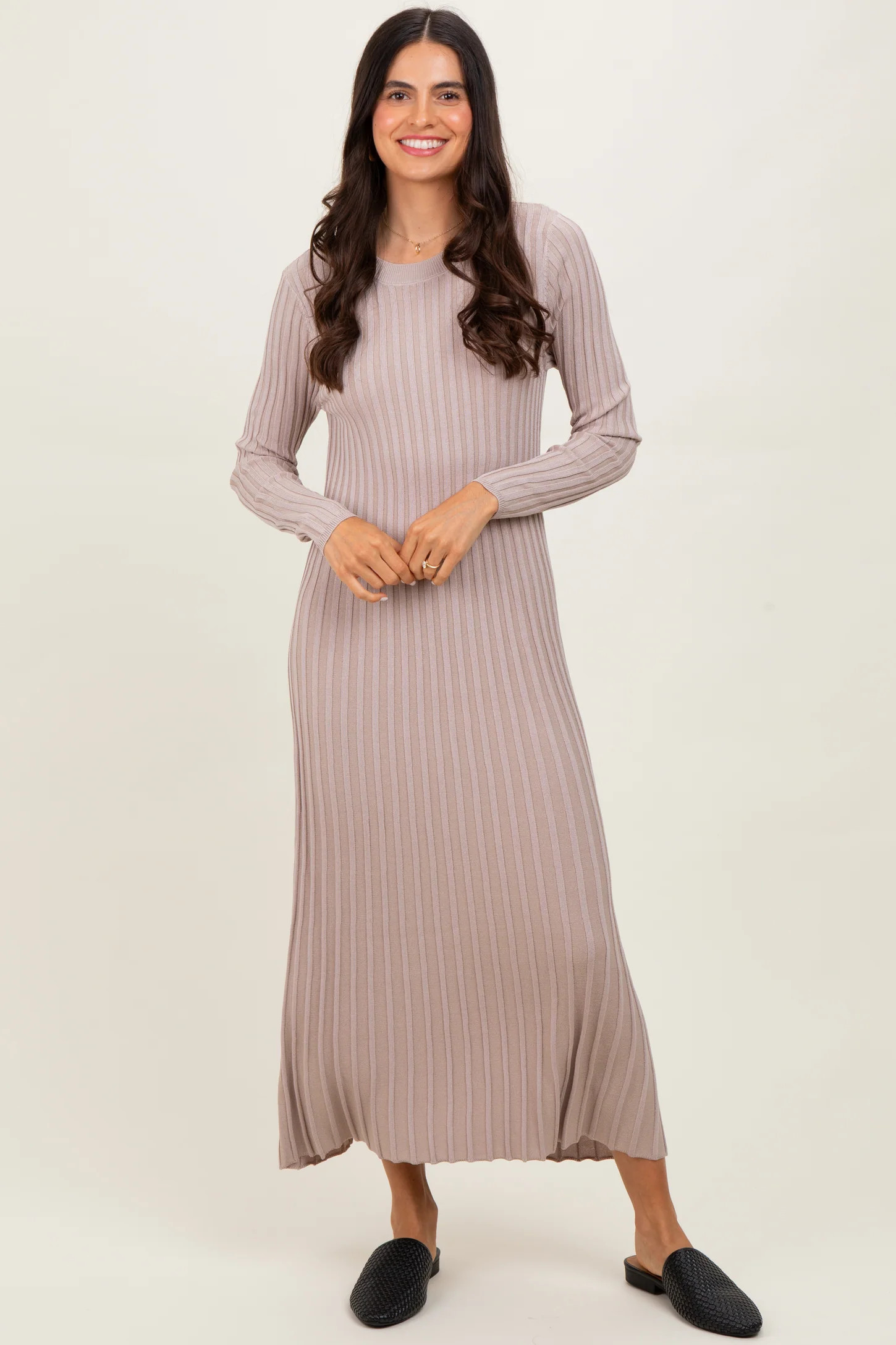 Beige Ribbed Long Sleeve Sweater Midi Dress | PinkBlush Maternity