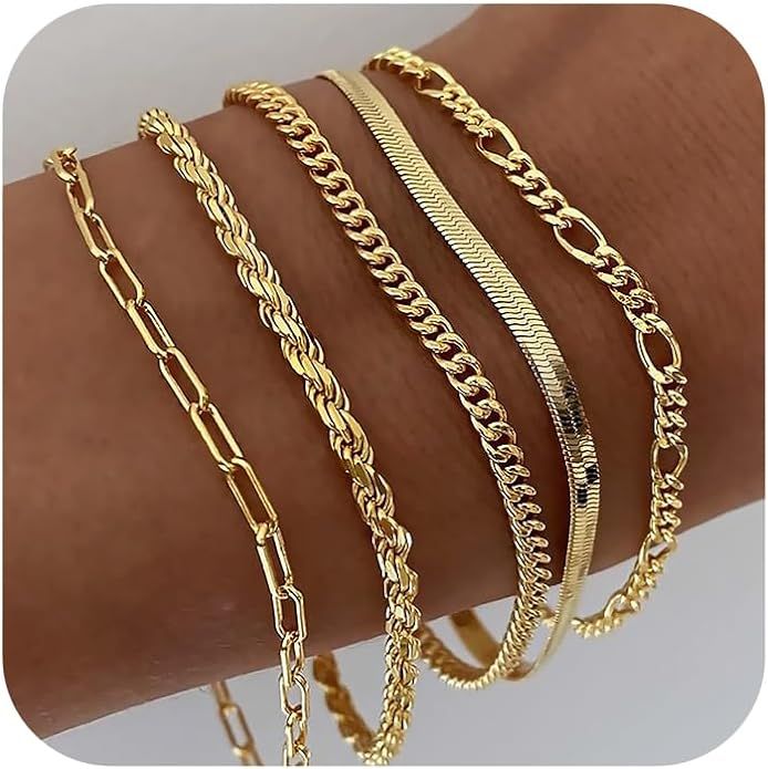 DEARMAY Gold Bracelets for Women Waterproof, 14K Real Gold Jewelry Sets for Women Trendy Thin Dai... | Amazon (US)