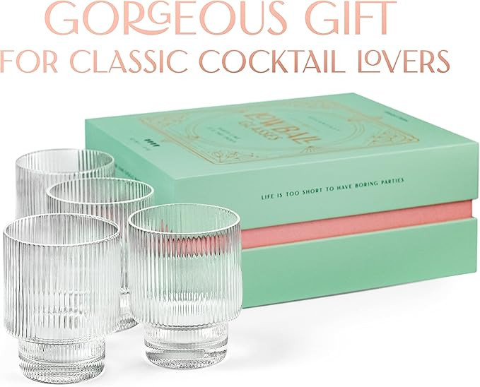 GLASSIQUE CADEAU Vintage Art Deco Lowball Ribbed Cocktail Glasses | Set of 4 | 12 oz Crystal Doub... | Amazon (US)