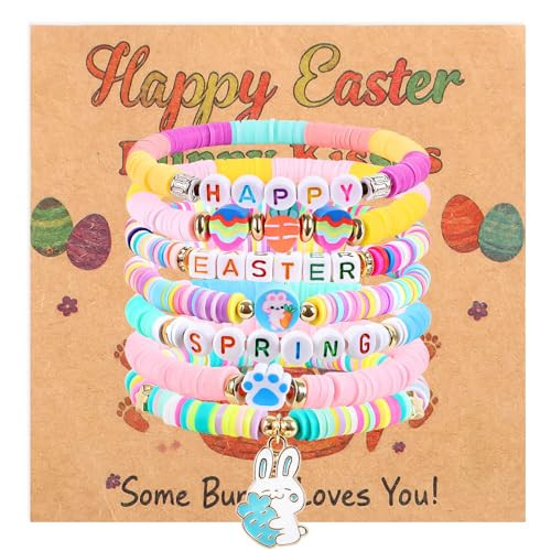7 Pcs Easter Bunny Beaded Bracelet Set - Stackable Polymer Clay Heishi Stretch Bracelets with Bunny Carrot Egg Charms, easter bracelet bunny bracelet for gir, Easter Spring Jewelry Gifts for Teen (Bracelets-A) | Amazon (US)