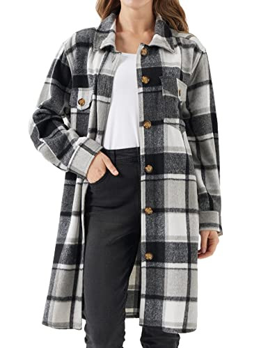 URBEST Women's Long Plaid Shacket, Lapel Button Down Shirt, Oversized Long Sleeve Jacket, Side Pocket Knee Length Brushed Coat Grey XXL | Amazon (US)