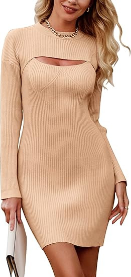 PRETTYGARDEN Women's 2023 Rib Knit Pullover Sweater Dress 2 Piece Cut Out Long Sleeve Slim Fit Bo... | Amazon (US)