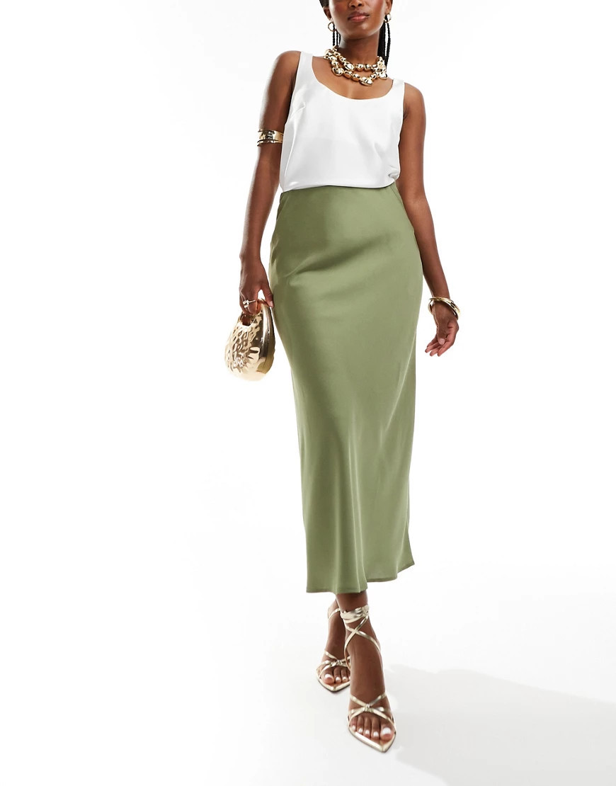 Vila satin maxi skirt in oil green | ASOS (Global)
