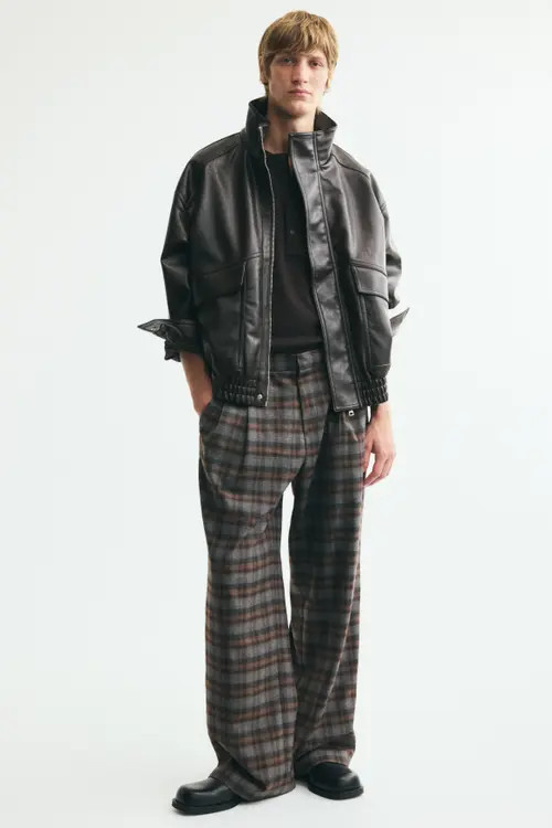 H&M Oversized Wide-leg Tailored Pants in Gray/plaid at Nordstrom, Size 29 | Nordstrom