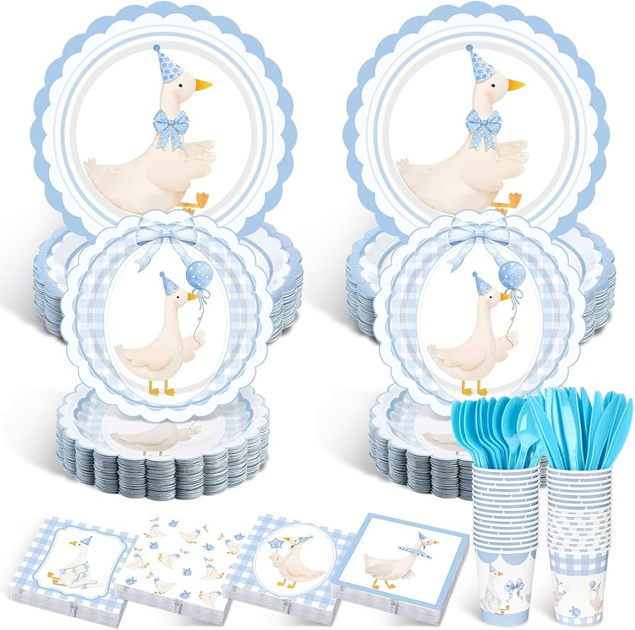 Zhehao 350 Pcs One Silly Goose Birthday Party Tableware Set Blue Scalloped Baby Shower Plates Cup... | Amazon (US)