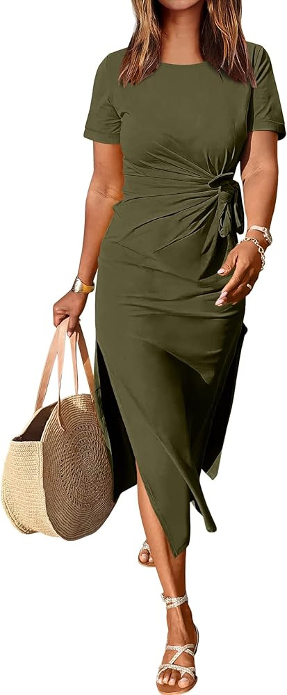 ANRABESS Women’s 2024 Summer Short Sleeve Crewneck T Shirt Maxi Dress Tie Waist Casual Slim Fit... | Amazon (US)