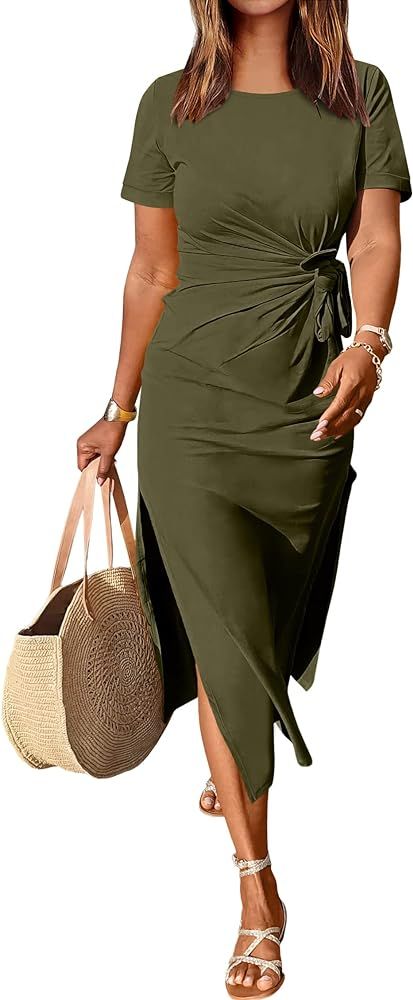 ANRABESS Women’s 2024 Summer Short Sleeve Crewneck T Shirt Maxi Dress Tie Waist Casual Slim Fit... | Amazon (US)