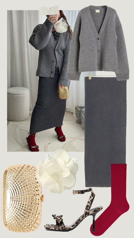 GET THE LOOK | Burgundy with leopard print is my new favourite combo… throw in an all grey outfit and it’s ❤️‍🔥 all the way. 
Khaite cardigan dupe | Grey tonal | Grey pencil skirt | Elevated workwear | Christening outfit | Brunch outfits | Gold shell minaudière | Box bag clutch | Red socks 

#LTKworkwear #LTKitbag #LTKshoecrush
