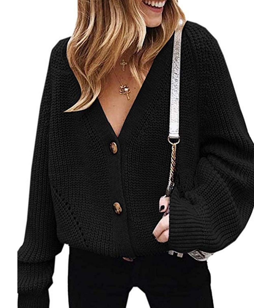 Asskdan Women's V Neckline Button Down Knitwear Lantern Sleeve Basic Knit Cardigan Sweater Tops | Amazon (US)