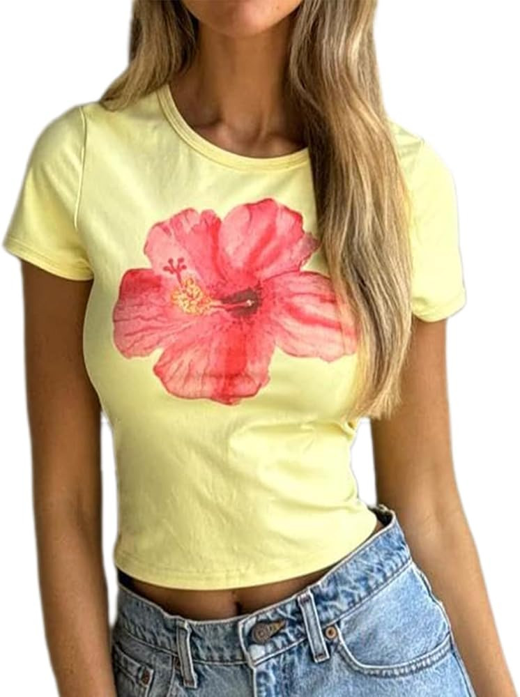 Women Y2k Retro Graphic Print Baby Tees Short Sleeve Crop Tops Slim Fit Vintage T Shirts Grunge A... | Amazon (US)