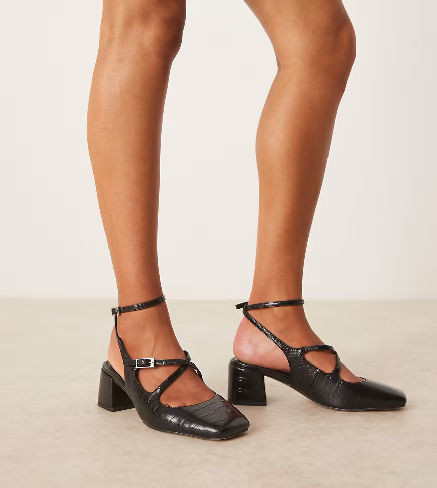 ASOS DESIGN Wide Fit Simone buckle strap detail mid block heel shoes in black croc | ASOS (Global)