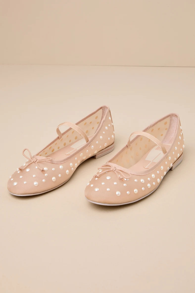Cadel Blush Mesh Pearl Bow Ballet Flats | Lulus
