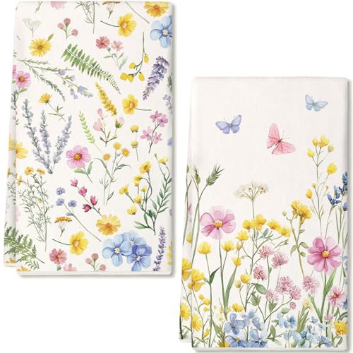 GEEORY Lavender Butterfly Spring Kitchen Towels Set of 2,18x26 Inches Floral Dish Cloths -Pink & Yellow Flowers Farmhouse Design,Summer Holiday Hand Towels for Spring Decor & Gifting | Amazon (US)