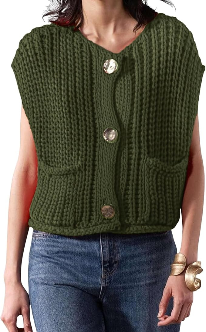 Women's Fashionable Sleeveless Short Knitted Sweater Vest Button Cardigan with Pockets | Amazon (US)