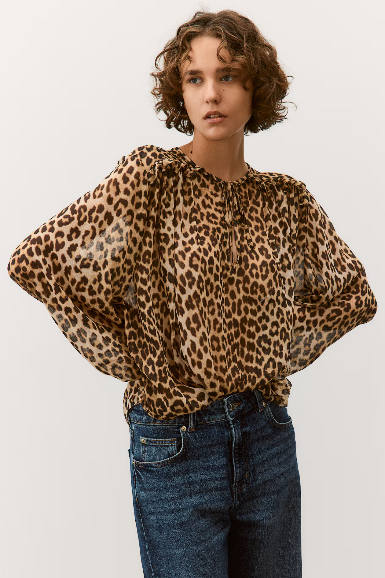 Ruffle-Trimmed Blouse - Round Neck - Long sleeve - Beige/leopard print - Ladies | H&M US | H&M (US + CA)