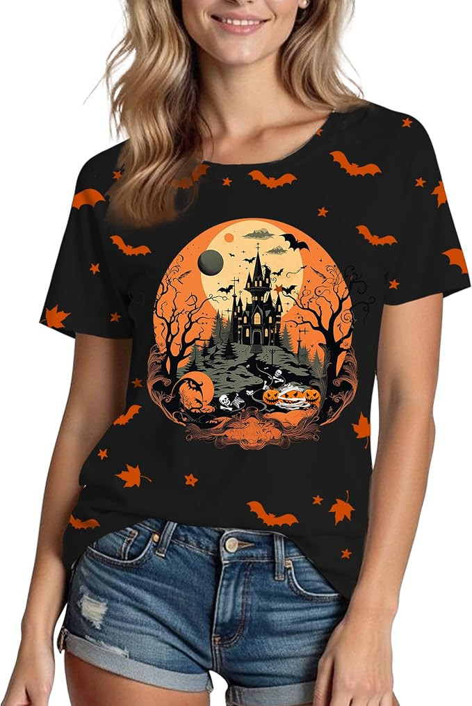 Halloween Shirts for Women: Castle Pumpkin Pattern Halloween Party Short Sleeve Costumes Crewneck... | Amazon (US)