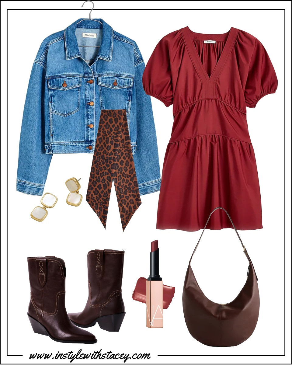 What to wear to a country concert when you’re over 25…
How about a deep crimson dress above the knee, comfortable to dance in and showing just enough leg. Bring a denim jacket for the evening and wear western boots! Skip the cowboy bandana and try leopard instead! Swipe left to see me IN the dress. 
P.S. The lip shade is Showoff! 

#LTKFindsUnder100 #LTKStyleTip #LTKOver40