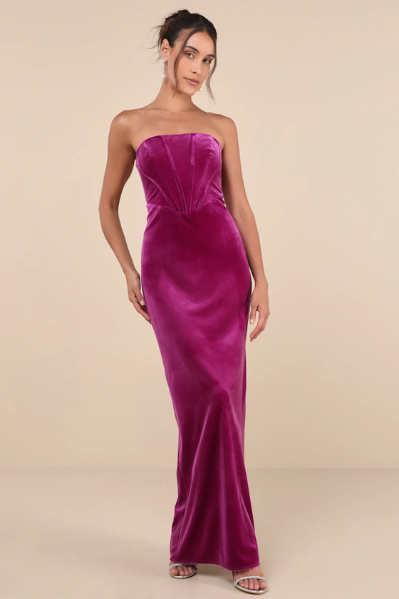 Regal Affect Magenta Velvet Bustier Strapless Maxi Dress | Lulus