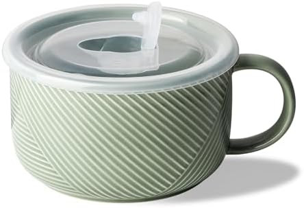 Oversized Soup Bowl with Handle, Microwave Safe 38 oz, Pea Green | Ceramic Soup Mug with Lid - Ju... | Amazon (US)