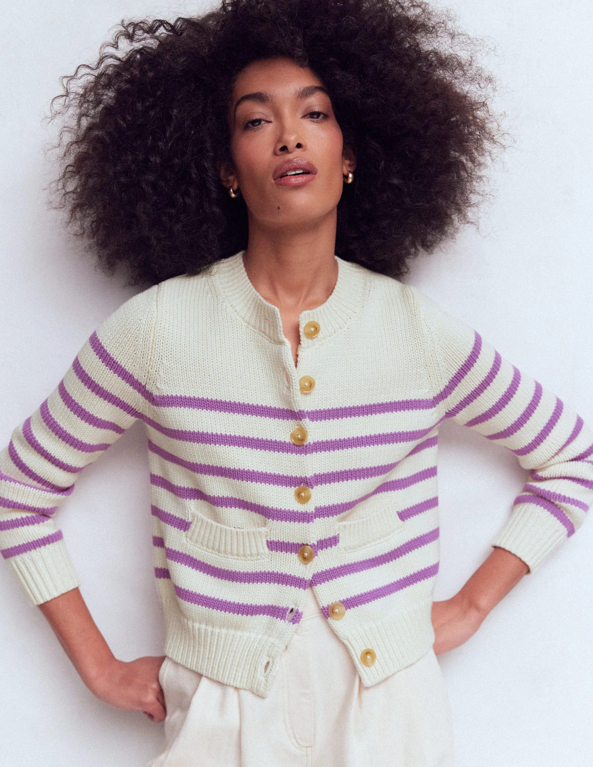 Lucy Chunky Cotton Cardigan-Warm Ivory/ Mulberry Purple | Boden (US)