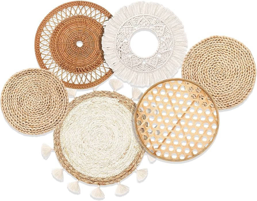 Nuenen Boho Wall Baskets Decor Set of 6 Flat Woven Basket Wall Hanging Decor Round Tassels Macram... | Amazon (US)