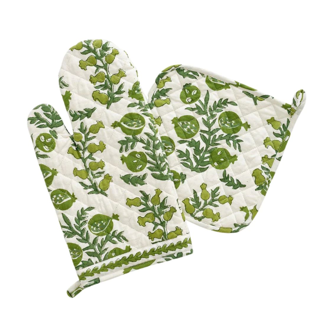 Pom Bells Green Oven Mitt Set | Sea Marie Designs