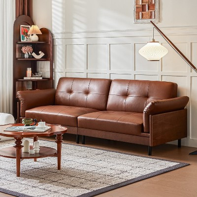 ATJafurn 90Inch Mid Century Modern Brown Leather Couch With Solid Wood Exterior and Hand-Tufted, 4-Seater Retro Leather Sectional Sofa for Living Room | Target