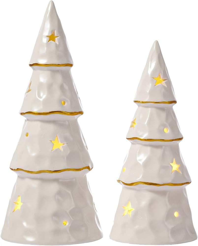 DN DECONATION White Christmas Ceramic Tree with Lights, Prelit Porcelain Tabletop Xmas Trees, 2Pc... | Amazon (US)