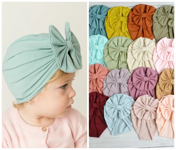 Bow Turban, Baby turban, baby headwrap, big bow hat, newborn beanie, shower gift, hospital hat, i... | Etsy (US)