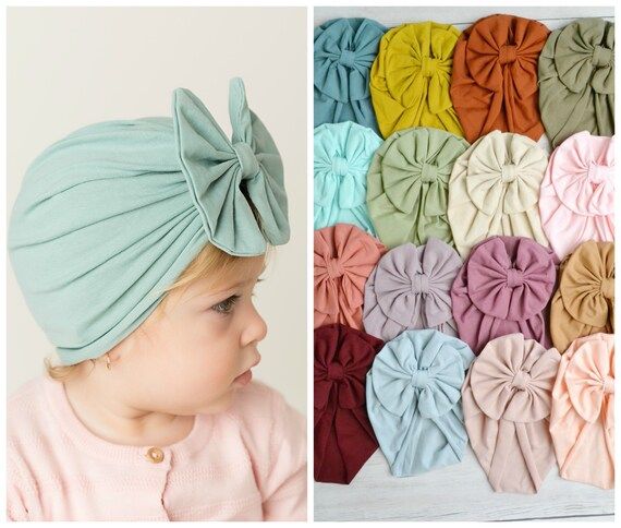 Bow Turban, Baby turban, baby headwrap, big bow hat, newborn beanie, shower gift, hospital hat, i... | Etsy (US)