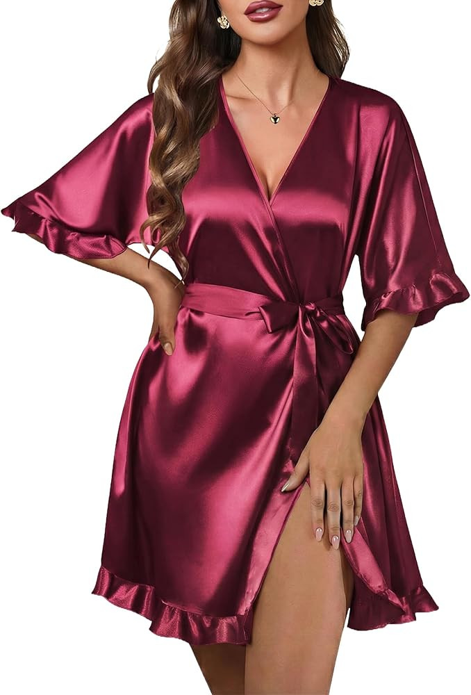 Ekouaer Silk Robes for Women Short Lightweight Bathrobe Ruffled Satin Kimono Robes Sexy Bride Bri... | Amazon (US)