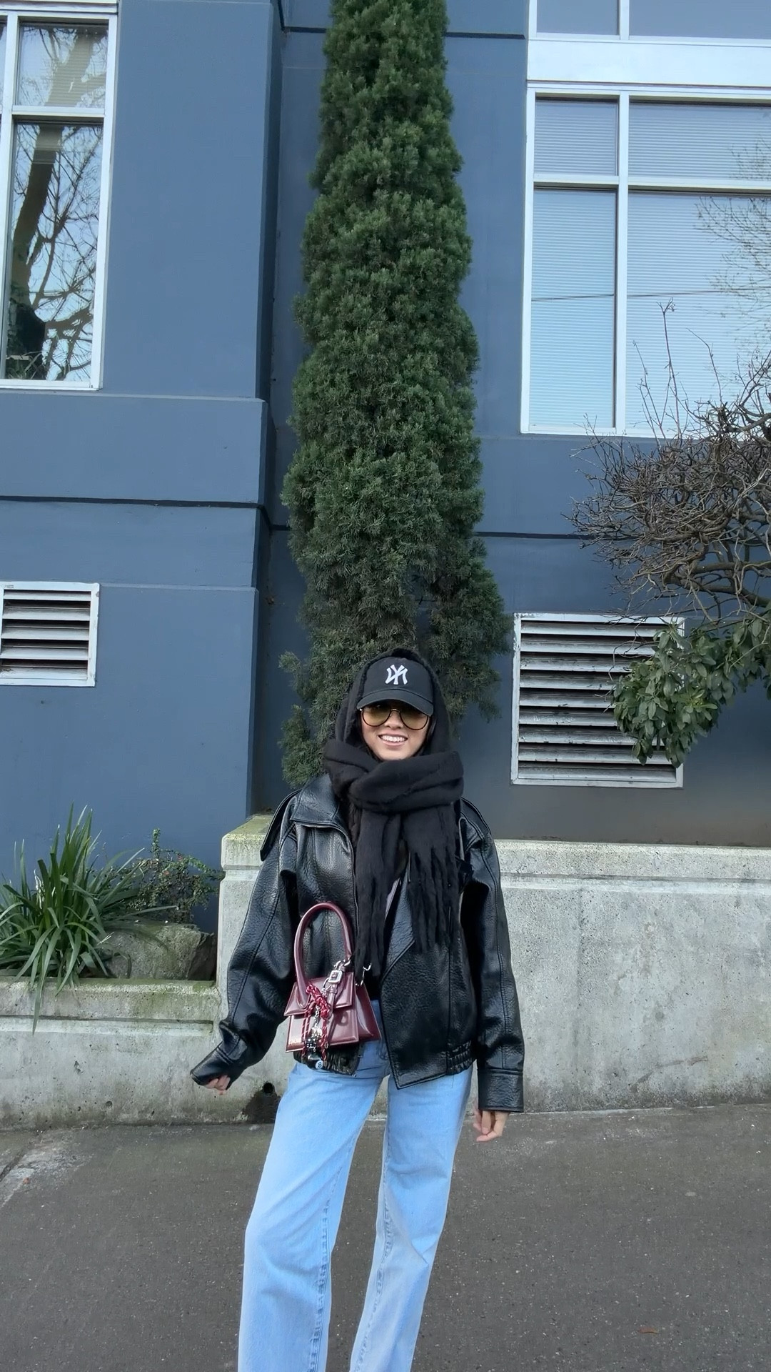 black leather jacket, aritzia jeans, casual outfit