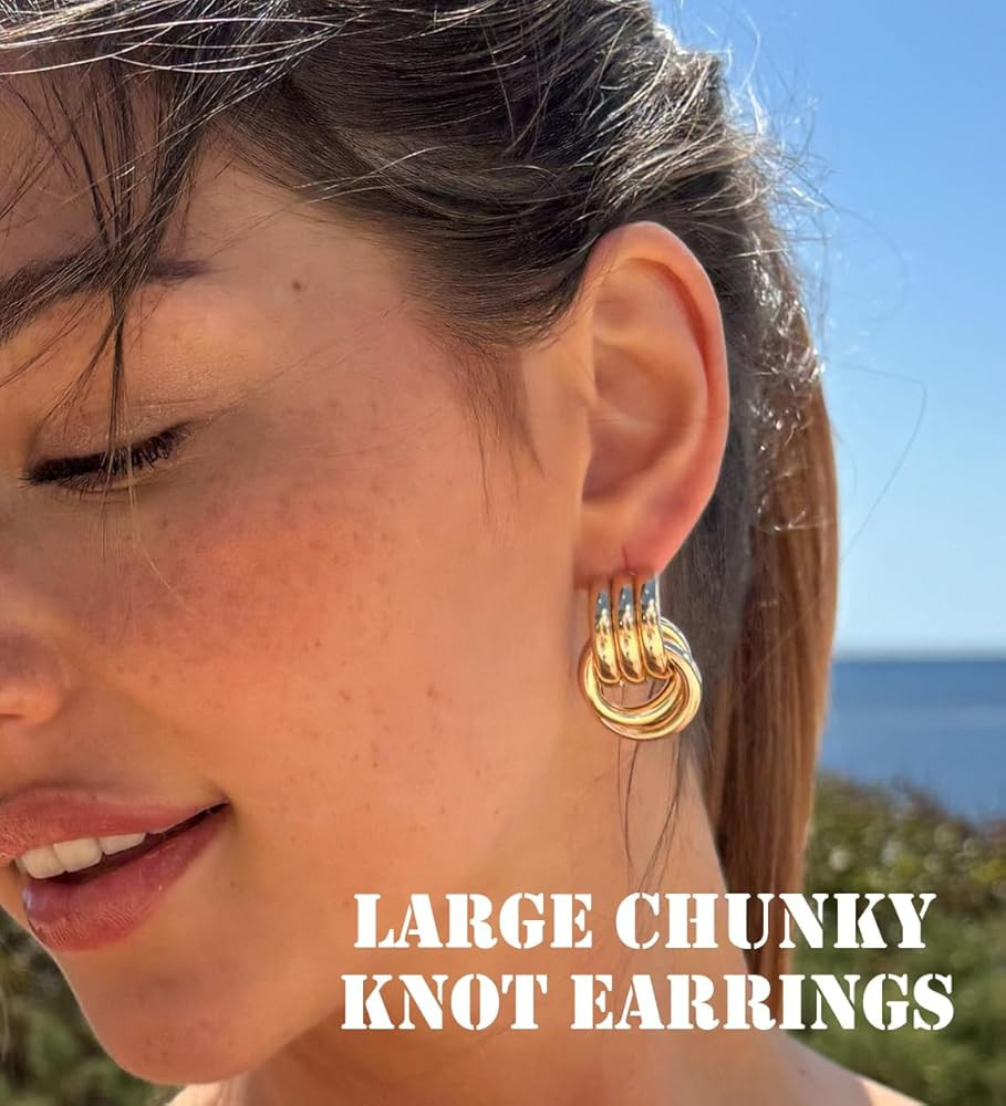 Chunky Gold Knot Earrings Statement Earrings for Women Gold Plated Dupes Geometric Dangle Earring... | Amazon (US)