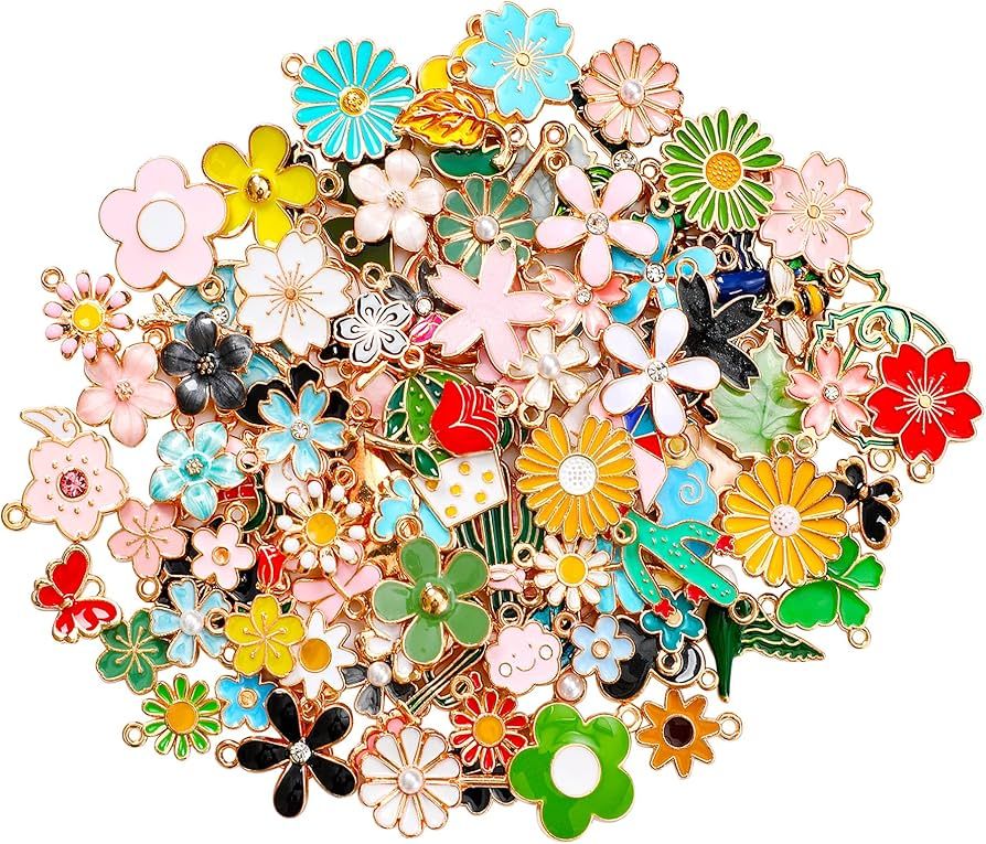 MARFOREVER 120 Pcs Spring Summer Floral Themed Charms, Flower Charms for Jewelry Making, Assorted... | Amazon (US)