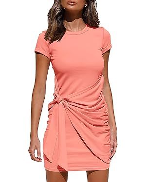 BTFBM Women 2023 Spring Casual Short Sleeve Ruched Bodycon Tank T Shirt Dress Tie Waist Sun Beach... | Amazon (US)