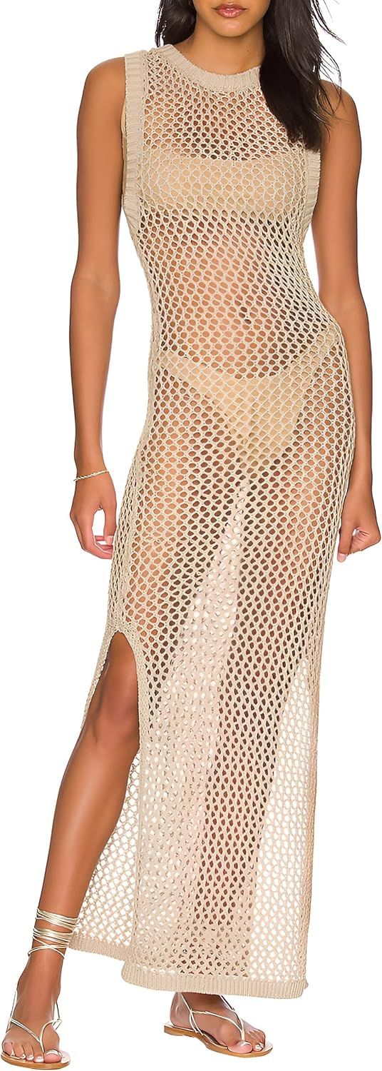 Crochet Swimsuit Cover Up for Women, Sexy Long Beach Dress Side Split Bikini Bathing Suit | Amazon (US)
