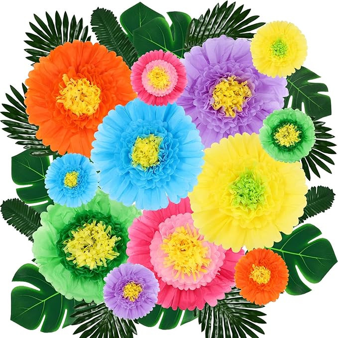 42 Pack Tropicals Hawaiian Party Decor with 12 Artificial Paper Hibiscus Flowers and 30 Palm Leav... | Amazon (US)