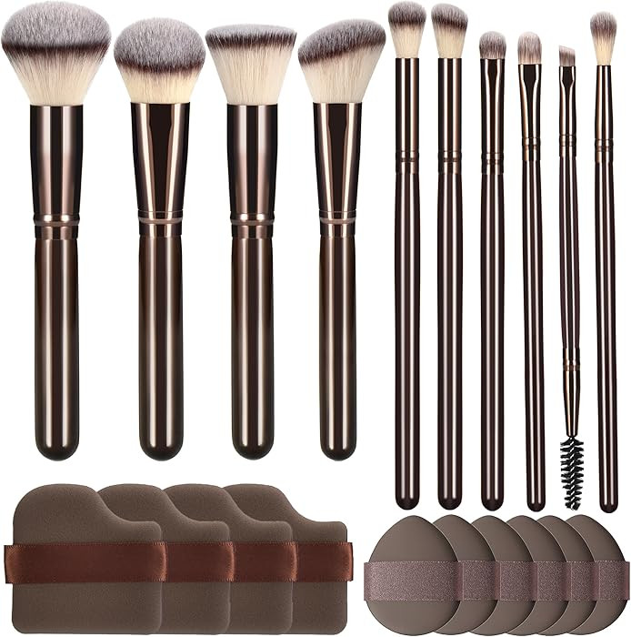 10 Piece Black brown Makeup Brushes and 10 Piece Makeup Sponge – Wooden Handle,with Soft Synthe... | Amazon (US)