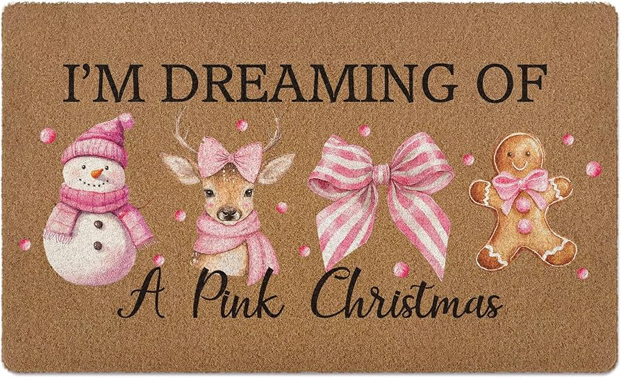 Pink Christmas Door Mat, Winter Xmas Snowman Deer Gingerbread Welcome Front Door Mat Indoor Outdo... | Amazon (US)