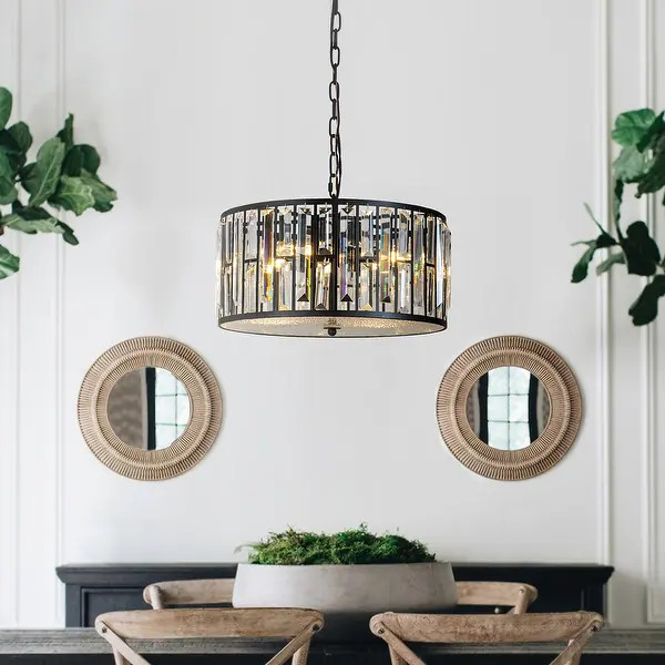 4-Light Farmhouse Crystal Drum Chandelier 16" Glam Pendant Ceiling Light | Bed Bath & Beyond